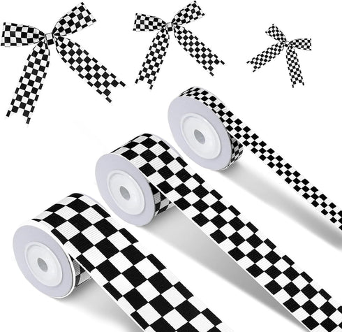 3 Rolls White Checkered Printed Ribbon Black Grosgrain Ribbon?0.4, 0.87, 1.5 Inch Wide, 15 Yard Car Theme Checkered Ribbon ? for DIY Crafts Wreath...