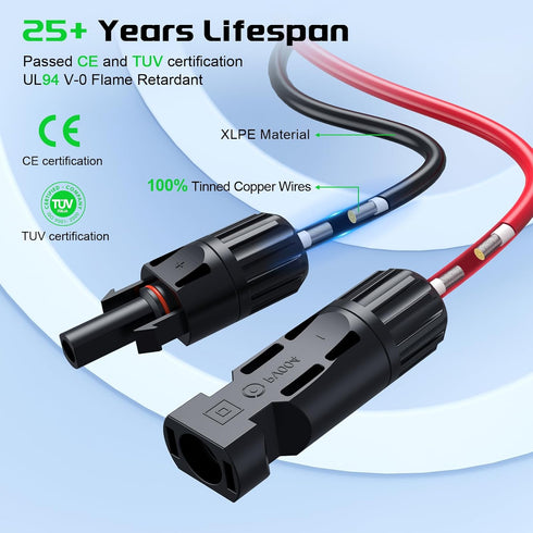 30A Y-Branch Solar Connectors 4.3FT 12AWG Extension Cable, Solar Cable Parallel Adaptor Solar Panel Wire in Pair with Female and Male Connectors f...