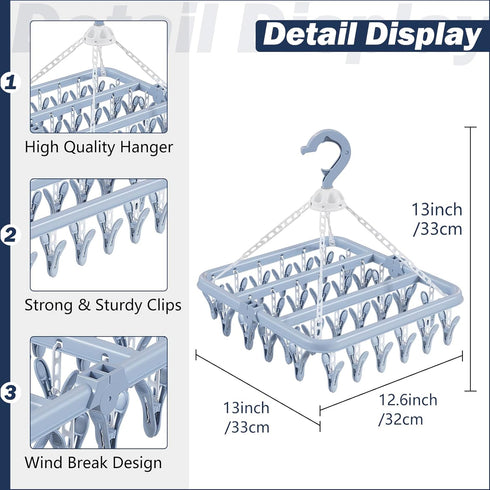 Aolloa Clothes Drying Rack with 32 Clothespins, Bule Foldable Hanging Drying Racks, 360° Rotatable Hook for Drying Towels Bras Baby Clothes Gloves...
