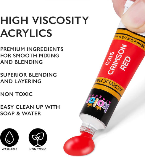24-Color Acrylic Paint Set (12 ml) With 3 Brushes - For Canvas, Paper, Wood, Rock, Ceramic & Fabric...