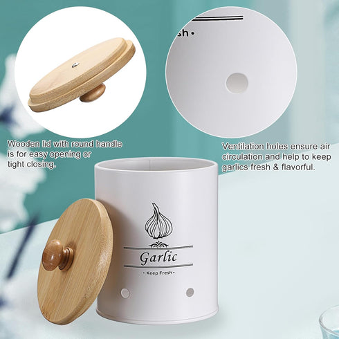 OwnMy White Garlic Keeper with Wooden Lid, Metal Garlic Storage Container for Counter, Large Garlic Keeper Garlic Saver Garlic Container for Kitch...