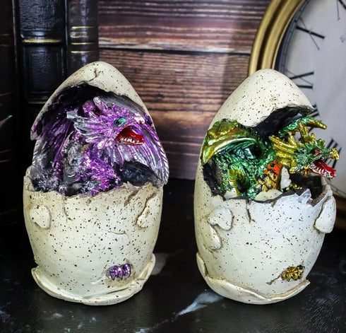 Ebros Metallic Colorful Medieval Fantasy Egg Hatchling Baby Dragon Wyrmling Twins Figurines Set of 2 Equipped with LED Night Lights Dungeons and D...