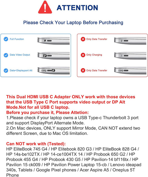 HDMI Dual Monitor Adapter, Gmeaou USB C to Dual HDMI Adapter 4K, Dual HDMI Adapter for 2 Monitors, Dual Monitor Adapter, HDMI Splitter for Dual Mo...