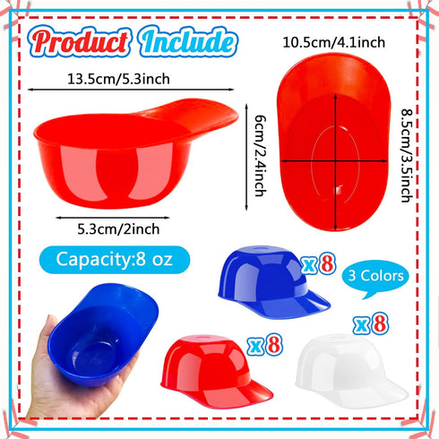 24 Pack Plastic Baseball Helmet Bowl,Mini Ice Cream Dessert Baseball Cap Bowls,Party Snack Cups for Birthday Party Supplies(Red Blue and White)...