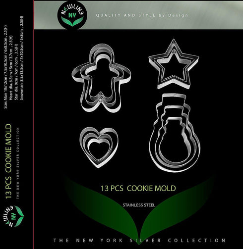 NewlineNY Cookie Molds Cutters Sets: Stainless Steel 13 Pieces Cookie Mold Biscuit Pastry Cutter Set, Man, Star, Heart, Snowman & a Cutter Blade...