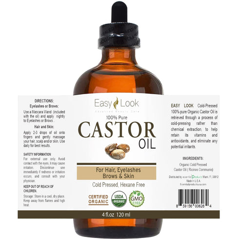 Castor Oil 4oz, USDA Certified Organic 100% Pure, Stimulate Growth for Eyelashes, Eyebrows, Hair. Skin Moisturizer & Hair Treatment Starter Kit...
