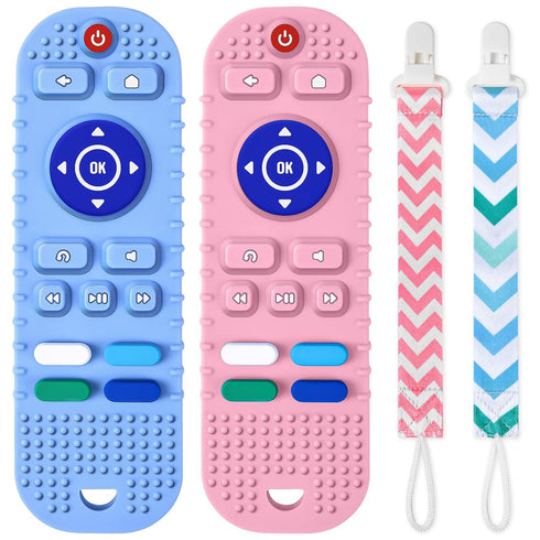 Baby Teether Toys, 2PCS Silicone Teething Toys, Remote Control Shape Teething Toys with 2PCS Pacifier Clip, Teething Relief Toys for Baby 3-24 Mon...