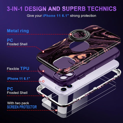Compatible with iPhone 11 Case with Kickstand,Shockproof Heavy Duty 3 in 1 Full Protection Hard PC Bumper Drop Protective Case with 2 Screen Prote...
