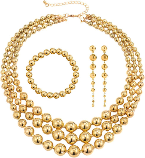 4-5PCS Gold Silver Beaded Necklace Exaggerated Long Dangle Earrings Bracelet Rings Jewelry Set for Women,Chunky Teardrop Ball Stackable Choker Nec...