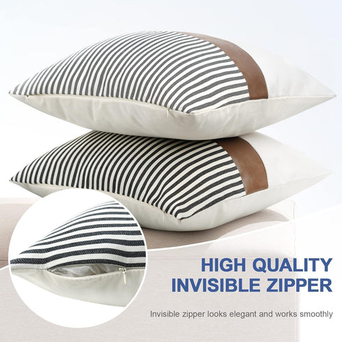 cygnus 20x20 Pillow Covers Set of 2 Farmhouse Decor Stripe Patchwork Linen Throw Pillow Covers Modern Faux Leather Covers for Couch Sofa,Black...