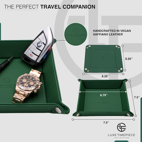 Saffiano PU Leather Travel Valet Tray Organizer in Swiss Green - Catchall Tray Storage Organizer For Bedside, Desk, or Vanity for Jewelry, Keys, P...