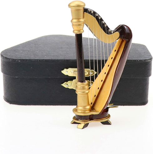 Wooden Miniature Harp with Case Mini Musical Instrument Replica Miniature Dollhouse Model Home Decoration (3.54"x1.97"x0.91")...