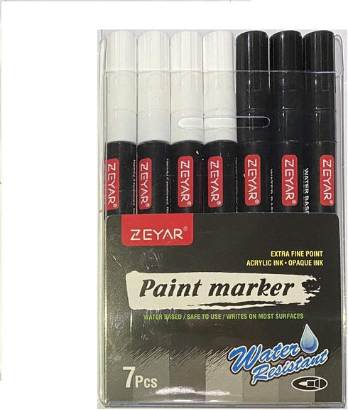 ZEYAR White and Black Acrylic Paint pen, Water Based, Set of 7, Extra Fine Point, Great for Rock Painting, Ceramic, Glass, Wood and smooth surface...