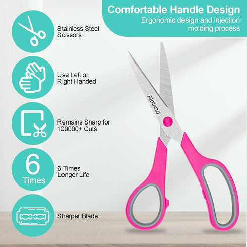 Light Green 6 Scissors Bulk, Almarto 8" All Purpose Scissors Pack - High Performance and Designed for Comfort and Cutting - Sharp to Cut but Soft ...