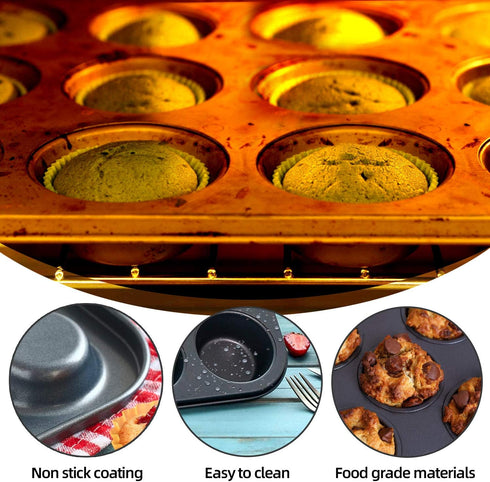 Muffin Pan, 12 Cupcake Pan, 2 Sets of Nonstick Brownie Bakeware Muffin Tin, Cupcake Tray, Baking Pan for Kitchen Oven, Black 13.9 x 10.5 x 1.2 inc...