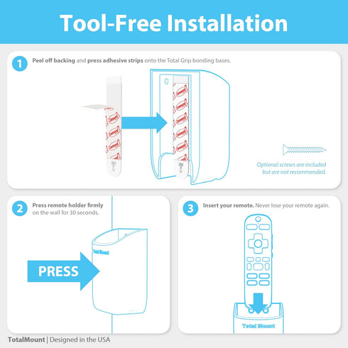 TotalMount Hole-Free Remote Control Holder – Eliminates Need to Drill Holes in Your Wall (Black, Quantity 1)...