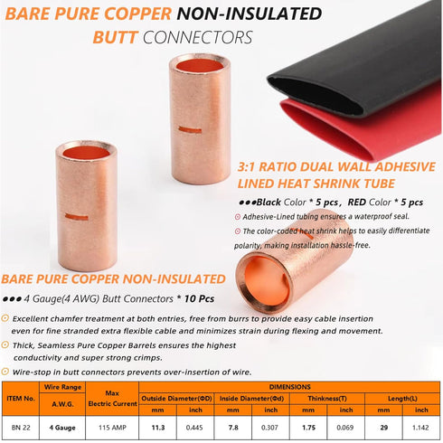 4 Gauge Non-Insulated Butt Connectors 10 PCS Butt Splice Connectors 4 AWG Uninsulated Crimp Wire Connectors 22mm² Bare Pure Copper Crimp Butt Term...