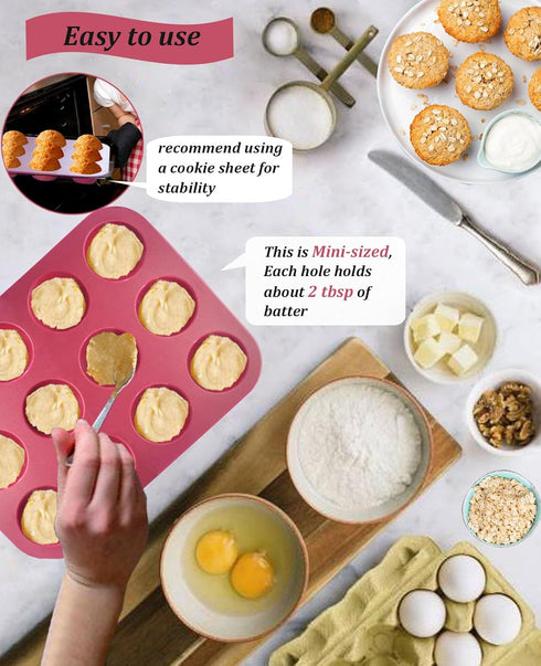Silicone Mini Muffin Pan, 12-Cup Mini Cupcake Pan with Silicone Pastry Brush for Making Mini Egg Muffin, Keto Diet, BPA Free, Dark Red...