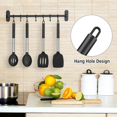 Pack of 4 Large Silicone Cooking Spatulas and Spoons, Slotted and Solid Stainless Steel Cooking Utensils Set, Non-stick Heat Resistant Kitchen for...