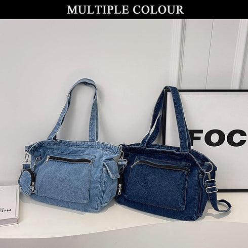 Denim Tote Bag, Large Capacity Jean Purses for Women Denim Crossbody Handbags with Small Purse...
