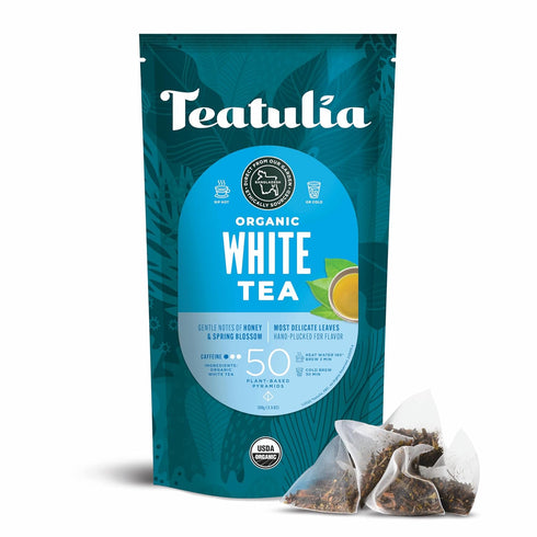 Teatulia Organic White Tea Bags (50 Pyramid Sachet Teabags) Whole Leaf Pure White Tea. 100% Compostable & Sustainably Grown In Bangladesh...