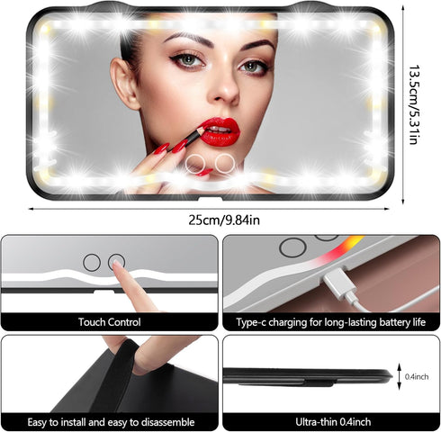 Car Visor LED Vanity Mirror, Rechargeable LED Makeup Mirror with 3 Light Modes & 62 LEDs,Car Mirror with Dimmable Touch Screen, Rear View Sun-Shad...