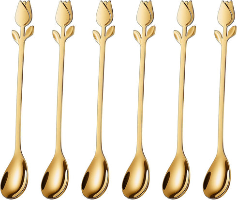 6-Inch Tulip/Rose Handle Gold Small Coffee Spoons Set, 6 Pieces, Stainless Steel...