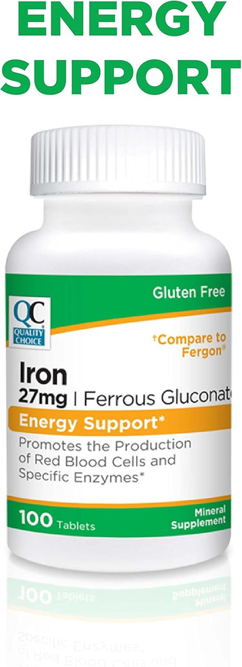 Quality Choice Energy Support Iron 27 mg Ferrous Gluconate Tablets 100 Count...
