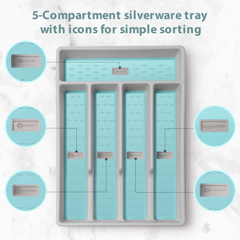 Silverware Organizer with Icons?Plastic Cutlery silverware Tray for Drawer?Utensil Flatware Tableware Organizer for Kitchen with Non-slip TPR,Fits...