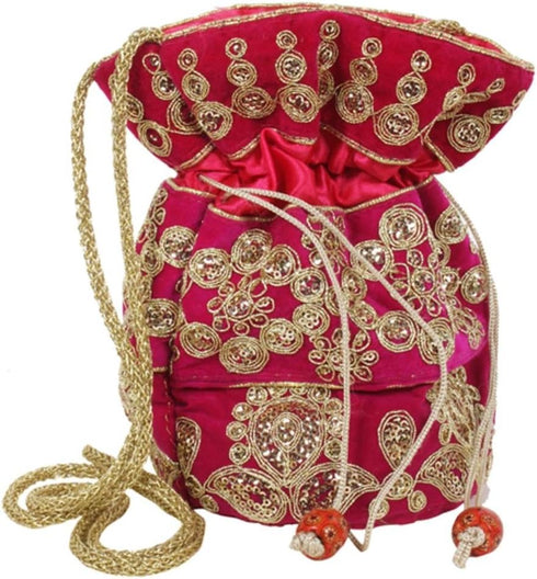 Purpledip Potli Bag (Clutch, Drawstring Purse) For Women With Intricate Gold Thread & Sequin Embroidery Work, Dark Pink(10038)...