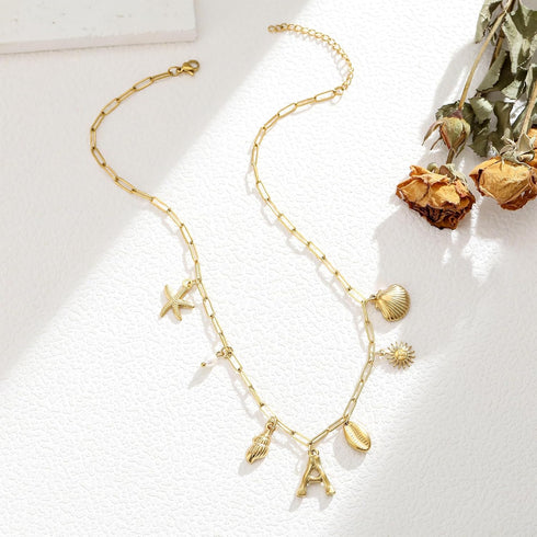 Gold Initial Charm Necklace for Women Gold Shell Starfish Necklace Summer Beach Charms Necklaces for Women Beach Jewelry Gift...