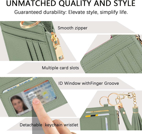 Slim Minimalist Wallet,Genuine Leather Front Pocket Wallets RFID Blocking Credit Card Holder,Card Wallet with Zipper Pocket for Men Women(Green)...