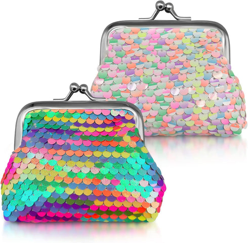 2 Pack Coin Purse for Women Sequin Small Coin Purse with Kiss-Lock Closure Colorful Glitter Reversible Sequin Change Purse Wallet for Women Girls ...