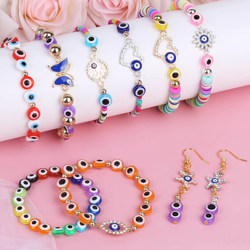 Acejoz Evil Eye Charms/Bracelet Making Kit with Glass Seed Clay Beads and Elastic String for Bracelets, Gold, 2702 Pieces...