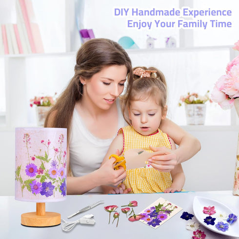Flower Lamp Bedside Lamps Pressed Flowers Table Lamp with Wood Base – Linen Shade Small Lamps for Nightstand, Bedroom Living Room Kids Rooms Class...