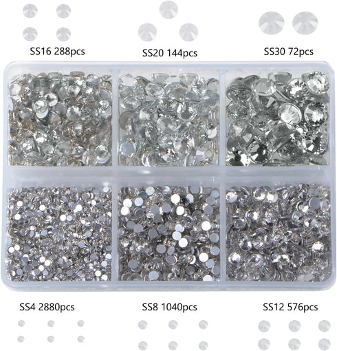 Bymitel 5000 Pieces 6 Mixed Sizes Glue Fix on Glass Rhinestones Round Crystal Gems Flatback for DIY Jewelry Making with one Picking Pen(6-Sizes 50...