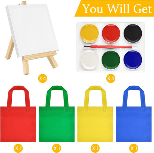 4 Sets Watercolor Paint Party Supplies Mini Paint Canvas and Easel Sets with Mini Watercolor Paint Sets 4x4" Mini Canvas Mini Wooden Easel Waterco...