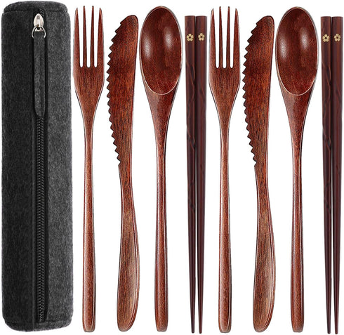 Reusable Wooden Utensils for Eating 8 Pcs Travel Wooden Spoons Forks Chopsticks Cutlery Set with Case Portable Lunch Utensils Silverware Set for L...