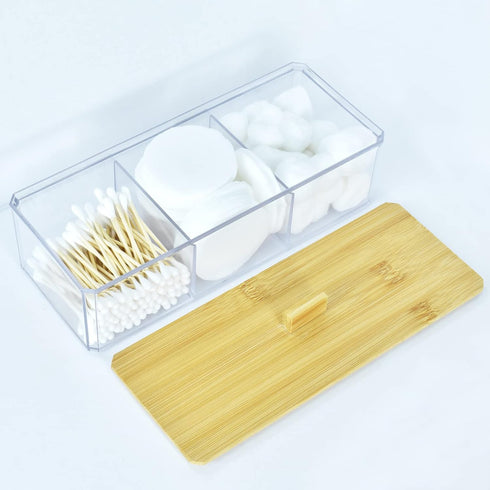 Qtip Holder Cotton Round Dispenser with Wood Lid Countertop 3 Compartments in 1 Dustproof Bathroom Organizer for Cotton Ball Clear Acrylic Contain...