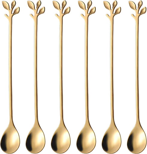 Long Handle Iced Tea Spoons Set of 6, Comicfs 7.6" Ice Cream Spoon, Creative Gold Leaf Cocktail Stirring Spoons, Premium Food Grade Stainless Stee...