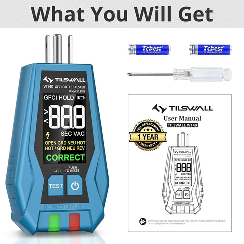 Tilswall W140 Outlet Tester with Color LCD Display, Receptacle Tester for Standard 3-Wire 120V Electrical Receptacles, Detects Common Wiring Probl...