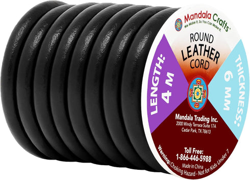 Mandala Crafts Round Cowhide Genuine Black Leather Cord for Jewelry Making Kumihimo Leather Rope Spool - Black 4.4 Yds 6mm Cording...
