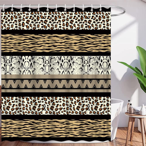 Brown Leopard Print Shower Curtain Cheetah African Animal Leopard Skin Print Geometric Stripes Patchwork Creative Art Bathroom Decor Fabric Curtai...