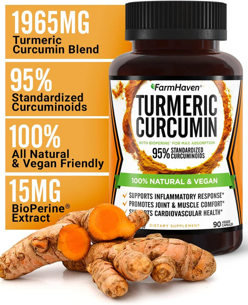 Turmeric Curcumin with BioPerine Black Pepper & 95% Curcuminoids, 1965mg, Maximum Absorption for Joint Support, Non-GMO Turmeric Capsules, Made in...