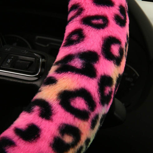 Fluffy Steering Wheel Cover for Women,Girly,Fuzzy Steering Decor,Plush, Leopard Print,Sweat-Absorb,Universal 15 Inch,Red (Fluffy-Leo)...