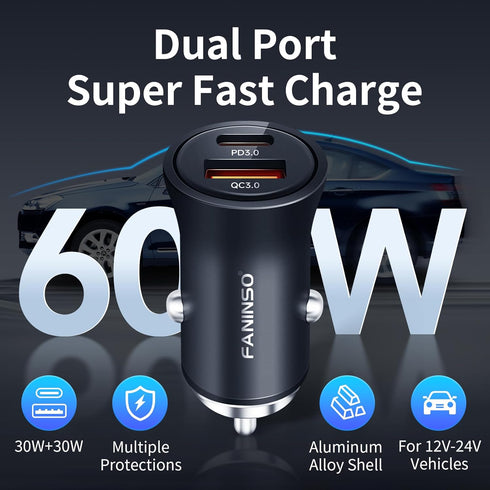 Dual-Port 60W,USB C Car Charger, Fast Charge, Cigarette Lighter USB Charger, Mini Metal Shell?for Apple iPhone 15/14/13 Pro Max Plus, iPad, Samsun...