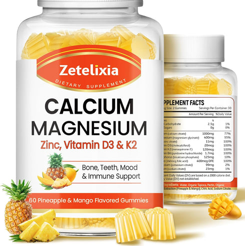 Sugar Free Calcium Gummies for Women Men, Calcium Magnesium Zinc with Vitamin D3 & K2, Calcium Magnesium Supplement for Bones Muscles and Joints, ...