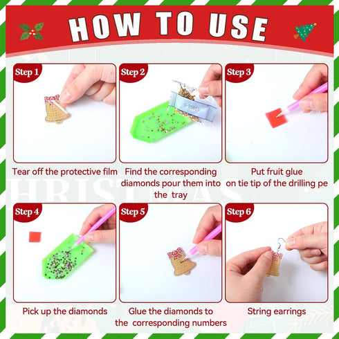 Remuuly 12 Pairs Christmas Diamond Painting Earrings Making Kit 5d DIY Dangle Drop Diamond Art Earrings Ornament Christmas Tree Santa Snowflake Sn...