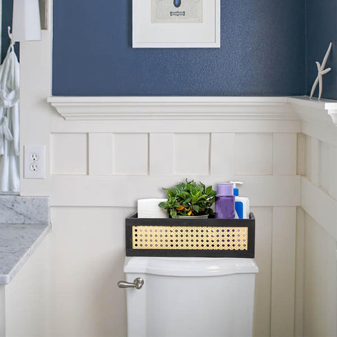 JJSQ Wood Toilet Tank Basket Toilet Paper Storage Basket Organizer, Bathroom Basket Tray with Handles for Vanity Countertop Organizing, Rustic Dec...