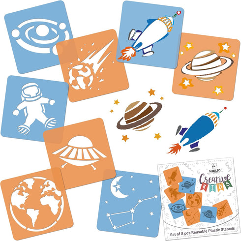 NAKLEO 8 pcs Drawing Stencils for Kids - 15x15cm (6x6 inch) - Space - Universe - Reusable Washable Plastic - Art and Craft Template Set - Painting...